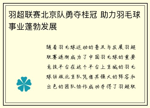 羽超联赛北京队勇夺桂冠 助力羽毛球事业蓬勃发展