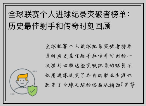 全球联赛个人进球纪录突破者榜单：历史最佳射手和传奇时刻回顾
